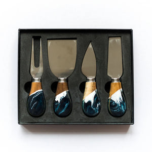 Lynn & Liana Designs Resin Coated Cheese Knife Set of 4,  Navy | White | Metallic