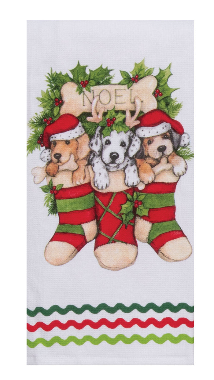 Kay Dee Dual Purpose Terry Tea Towel, Bowie Wowie Christmas Stocking Pups