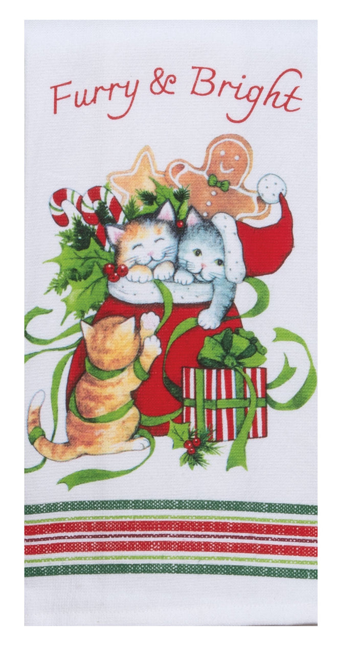 Kay Dee Dual Purpose Terry Tea Towel, Meowy Christmas Furry & Bright