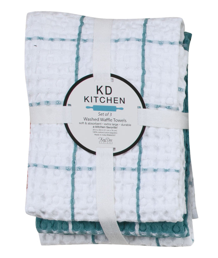 Kay Dee KD Kitchen Waffle Tea Towel Set of 3, Aqua Haze