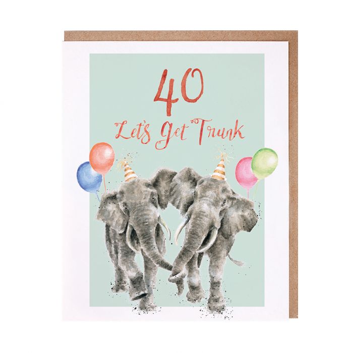 Wrendale Designs Greeting Card, Birthday '40 Let's Get Trunk' Elephant