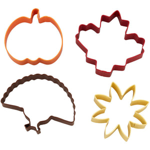 Wilton Fall Cookie Cutters Set of 4, (Pumpkin, Maple Leaf, Turkey, Flower)