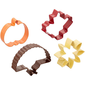 Wilton Fall Cookie Cutters Set of 4, (Pumpkin, Maple Leaf, Turkey, Flower)