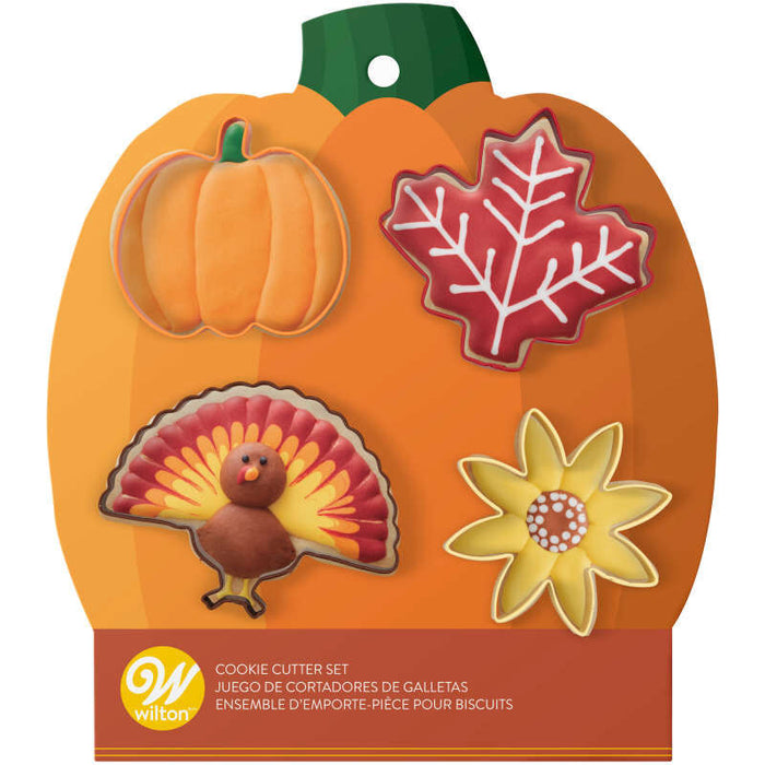 Wilton Fall Cookie Cutters Set of 4, (Pumpkin, Maple Leaf, Turkey, Flower)